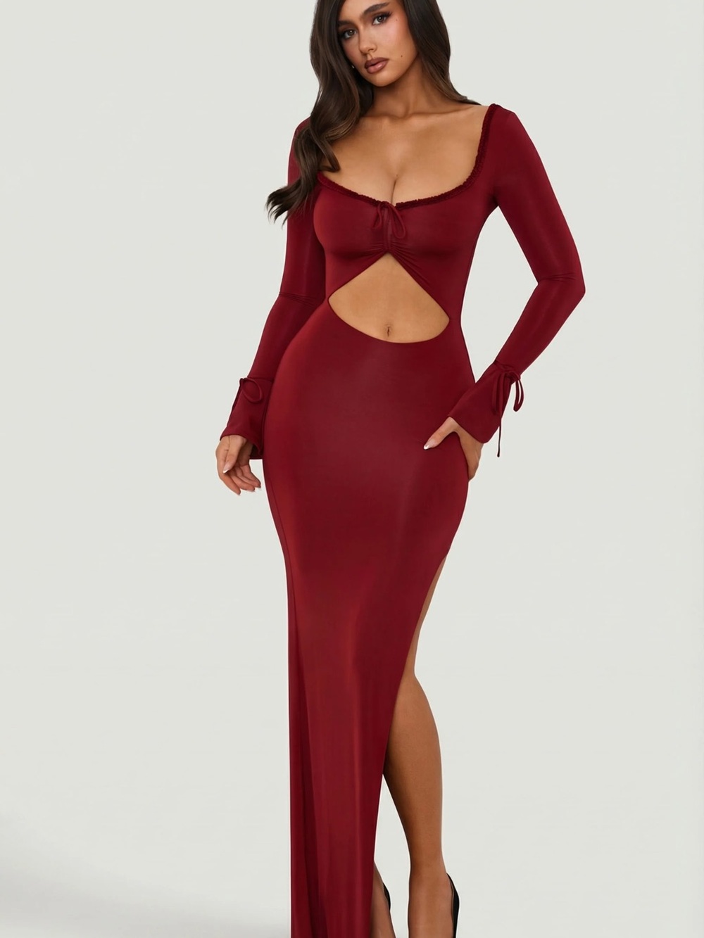 Oh Polly Burgundy Long Sleeve Cutout Maxi Dress